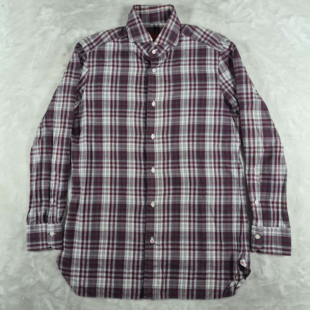 Isaia Napoli Button Up Shirt Men's 15.5 / 39 Red Check Plaid Long Sleeve Italy